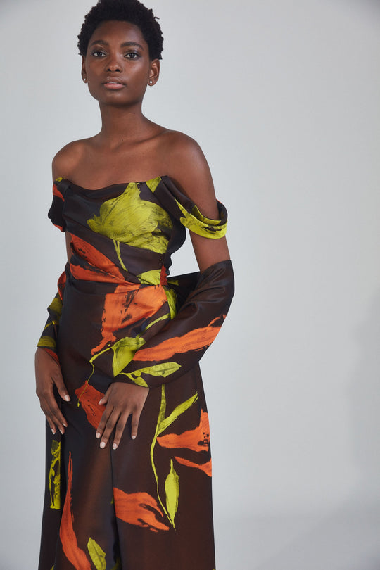 P408J - Tulip Jacquard Gown - Navy-Multi, $2,189, dress by color from Collection Evening by Amsale