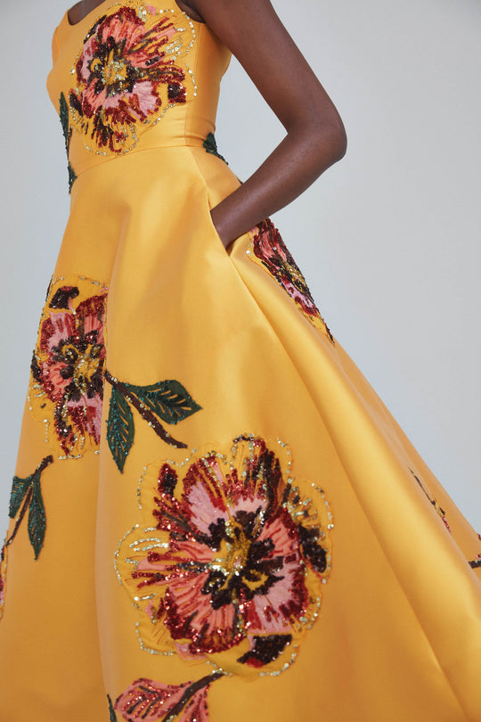P414M - Floral Mikado Tea-length Dress - Marigold, $3,993, dress by color from Collection Evening by Amsale