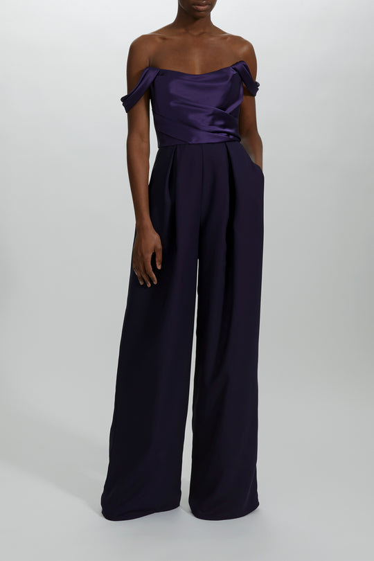 P438S - Off-the-Shoulder Jumpsuit, $595, dress from Collection Evening by Amsale, Fabric: fluid-satin