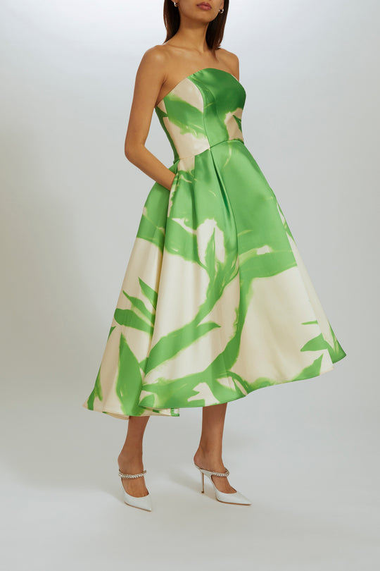 P557 - Printed Tea-length Dress, $1,895, dress from Collection Evening by Amsale, Fabric: mikado