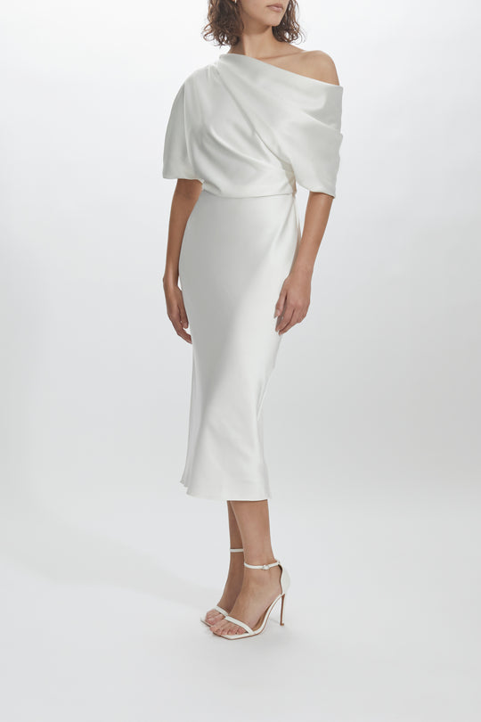 LW204 - Slim Skirt Draped Bodice Dress, $495, dress from Collection Little White Dress by Amsale, Fabric: fluid-satin