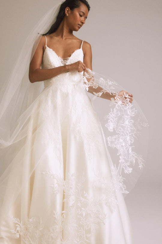 R426V - Floral Embellished Veil, $550, accessory from Collection Accessories by Nouvelle Amsale, Fabric: floral-embellished-tulle