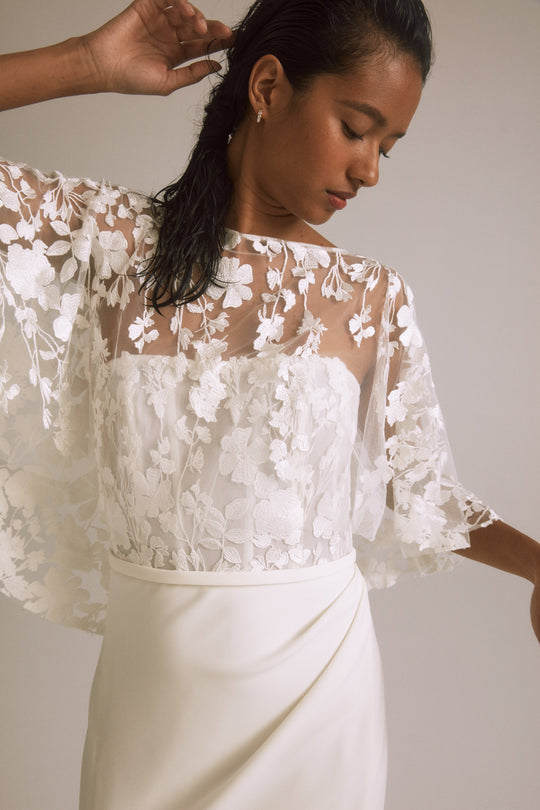 R421CP - Floral embroidered cape, $550, accessory from Collection Accessories by Nouvelle Amsale, Fabric: floral-embroidered-tulle