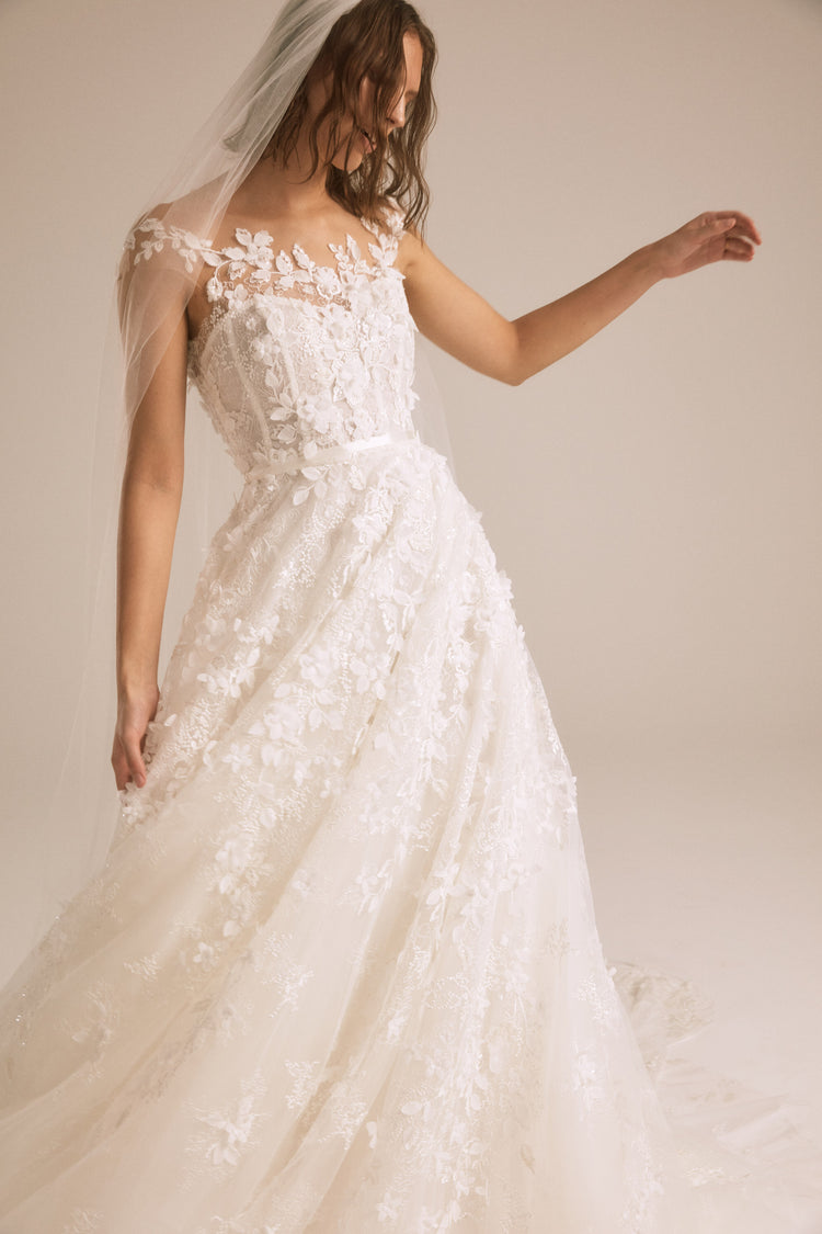 R408V - Floral Embellished Border Veil - Ivory, dress by color from Collection Accessories by Nouvelle Amsale